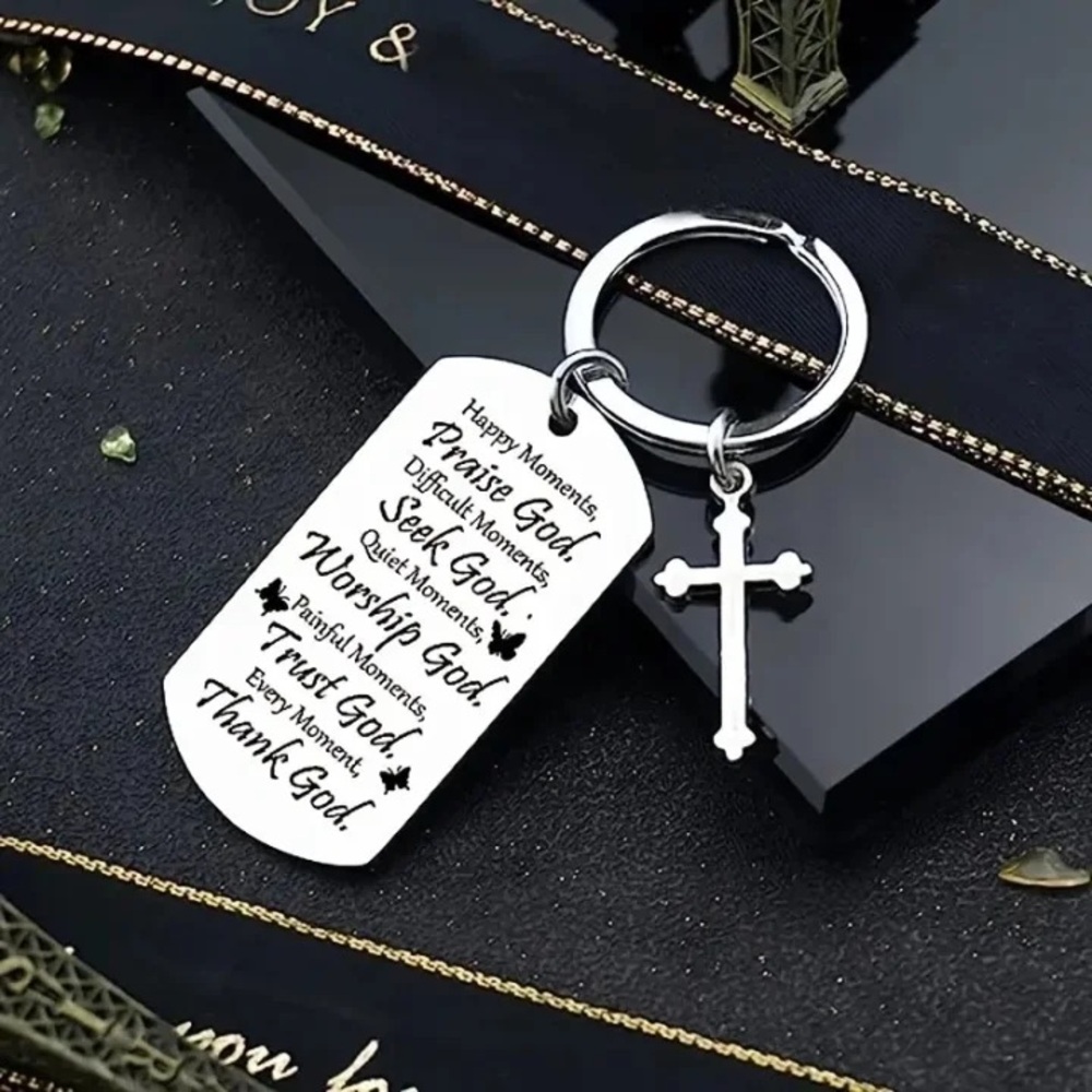 Silver Dog Tag Keychain with Cross